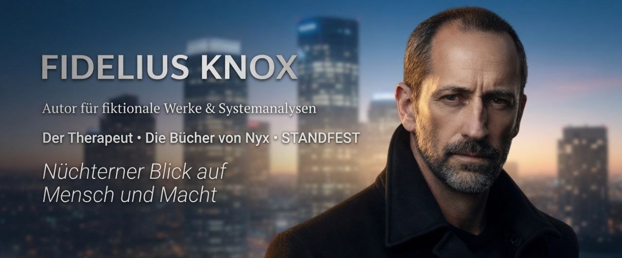 Portrait Fidelius Knox vor Skyline im Sonnenaufgang
